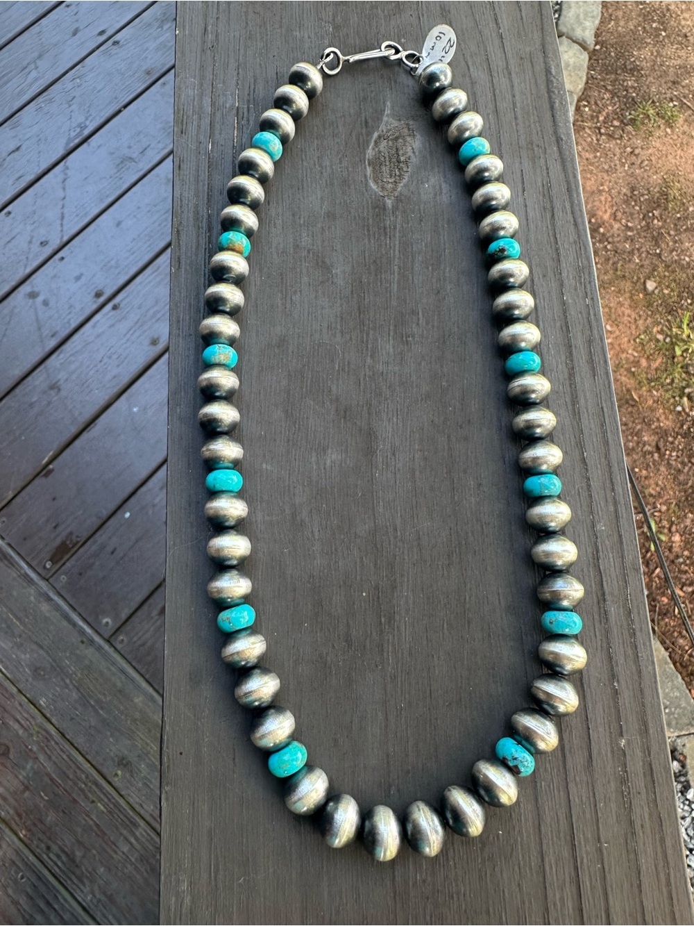 Navajo Preston Haley Handmade Pearl Necklace with Kingman Turquoise & SS